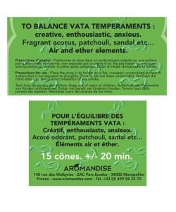 Vata - Réconfortant - Cônes d'encens Ayurvédiques naturels, 15 cônes